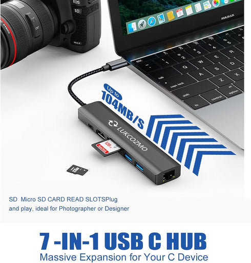USB Hub 3.0, 7 in 1 Docking Station with 1000M Ethernet, 4K HDMI, 2 USB3.0, 100W PD, SD/TF Card Reader