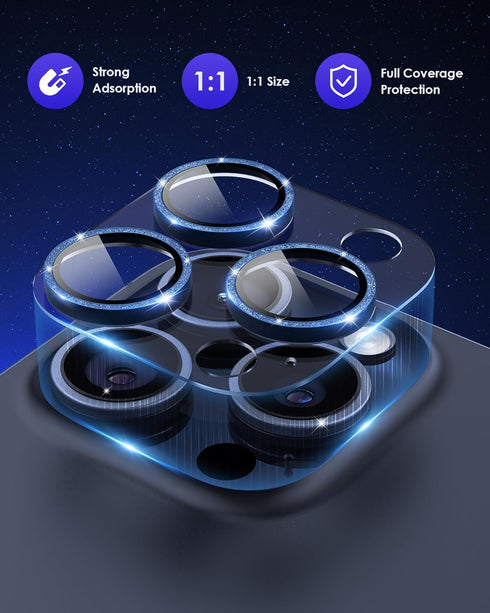 Glitter Camera Lens Protector for iPhone 15 Pro/Pro Max, Clear Acrylic Plus Aluminium Alloy Ring, 9H Tempered Glass