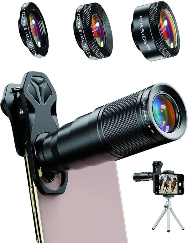 APEXEL 6 in 1 Phone Lens Kit - 22X Telephoto, 205° Fisheye, 120° Wide Angle & 25X Macro Lens, Compatible with iPhone &