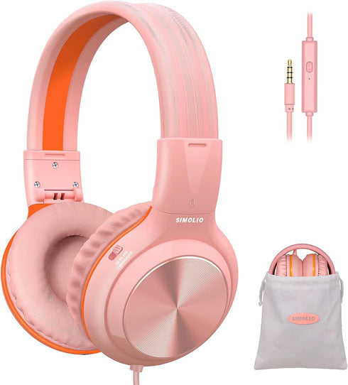 SIMOLIO Kids Headphones for Girls with MIC - Safe Volume Limiter 85dB/94dB/104dB, Foldable Sturdy & Lightweight Headset