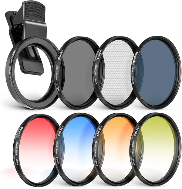 NEEWER 58mm Lens Filter Kit with Mobile Phone Lens Clip, CPL, ND32, 6 Point Star Filter, 4 Graduated Filters for iPhone
