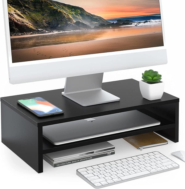 FITUEYES 2 Tier Monitor Stand - Black Wood Desktop Riser with 16.7 Inch Shelf for Laptop, Desk Organization, DT204201WB