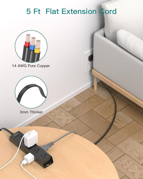 Flat Wall Plug Extension Cord - Surge Protector Power Strip with 12 Outlets, 5ft Desk Charging Station for Home Office
