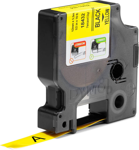 DYMO Rhino Industrial Vinyl Labels, 1/2", Black Print on Yellow Tape