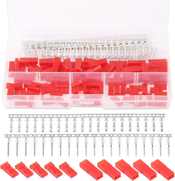 Hilitchi 300Pcs (50set) 2.54mm 2-Pin Female & Male Red Plug Housing Crimp Terminal Connector Kit Compatible with JST SYP