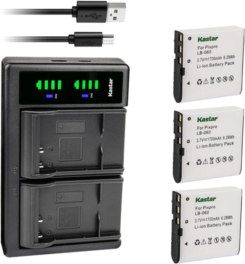 Kastar 3-Pack Battery and USB Charger Replacement for Kodak LB-060, PixPro AZ251, AZ361, AZ425 Cameras
