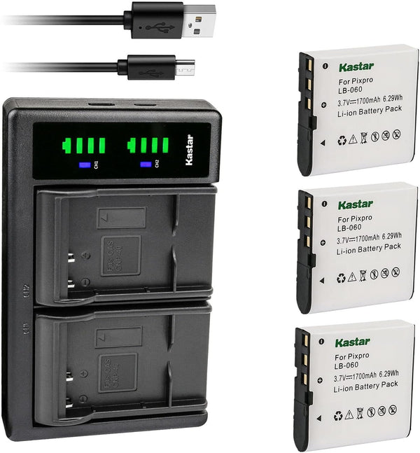 Kastar 3-Pack Battery and USB Charger Replacement for Kodak LB-060, PixPro AZ251, AZ361, AZ425 Cameras