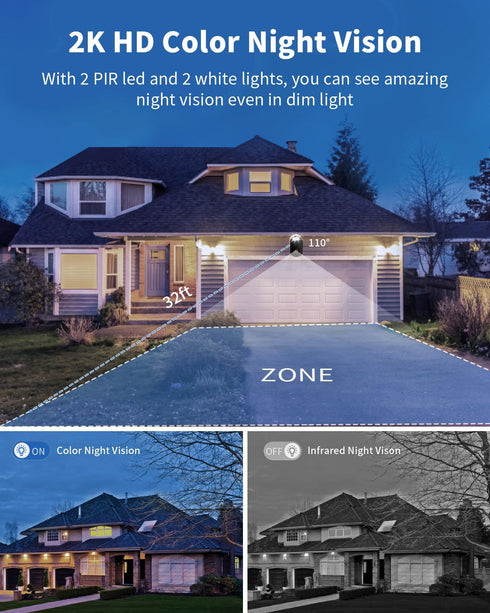 Wireless Outdoor Security Cameras, Battery Powered 2k Color Night Vision, AI Motion Detection, IP66 Weatherproof, 2-Way