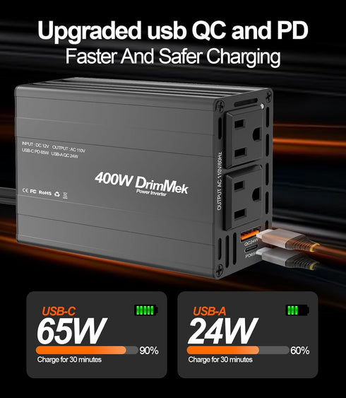 DrimMek 400W 12V 110V 65W 24W Car Power Inverter - Dual DC to AC Car Plug Adapter Outlets, Fast Charging USB C & Port