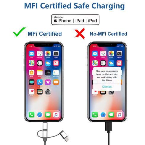 Apple MFi Certified 3.4ft 3-in-1 Charging Cord Adapter for iPhone 15/14, iPad, Samsung Galaxy, Huawei, and more.