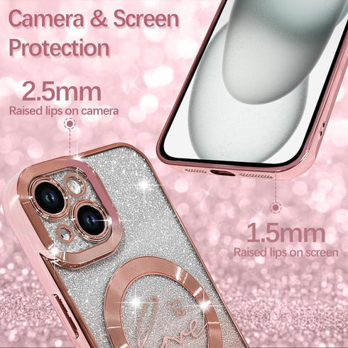 ZIYE Magnetic Case Designed for iPhone 15 Glitter Case Luxury Plating Love Heart Compatible with MagSafe Clear Case with Camera Protector Protection Shockproof Cover for Women Girls-Pink