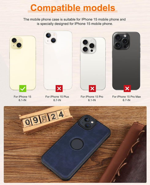 PULUZ Compatible with iPhone 15 Case,Leather Texture Stitching Phone Case is Slim and Lightweight for Your Phone All-Round Protection(Blue)