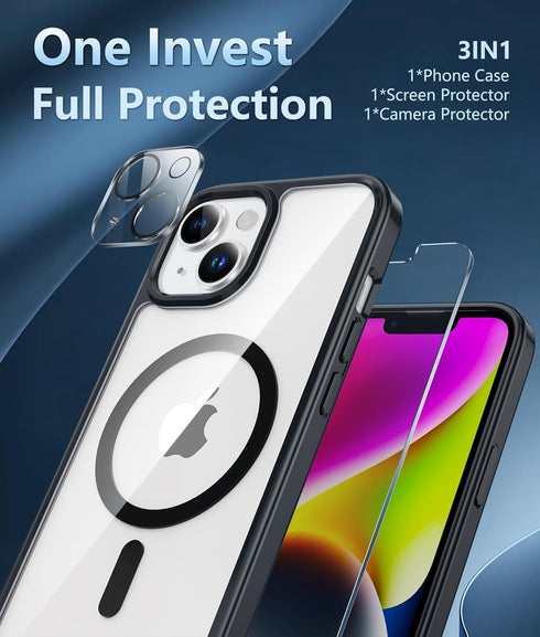 FNTCASE Clear Case for iPhone 14/iPhone 13, Magnetic Military Grade Drop Protection, Rugged Shockproof Bumper
