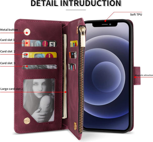 ZZXX Wallet Case for iPhone 12 Pro, Premium Soft PU Leather Zipper Folio with Card Slot, Wine Red 6.1 inch