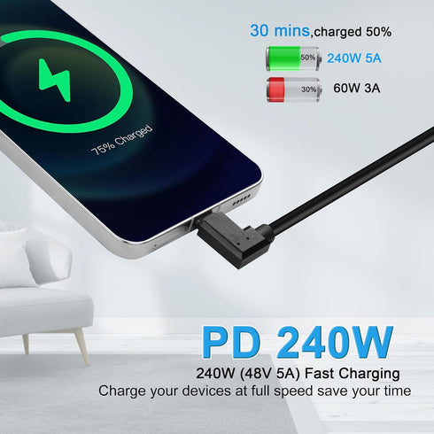 90 Degree USB 4.0 Cable, Right Angled USB C to USB C Extension Cable, 240W Fast Charging for Mobile Devices