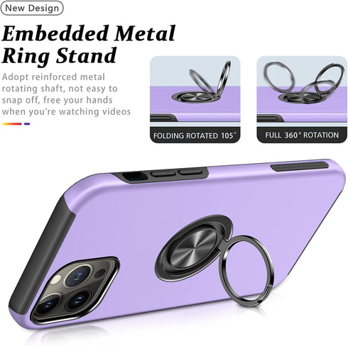 PELEPUES Shockproof Case for iPhone 13 Pro Max, Military Grade Cover with Embedded Finger Ring and Kickstand - Purple