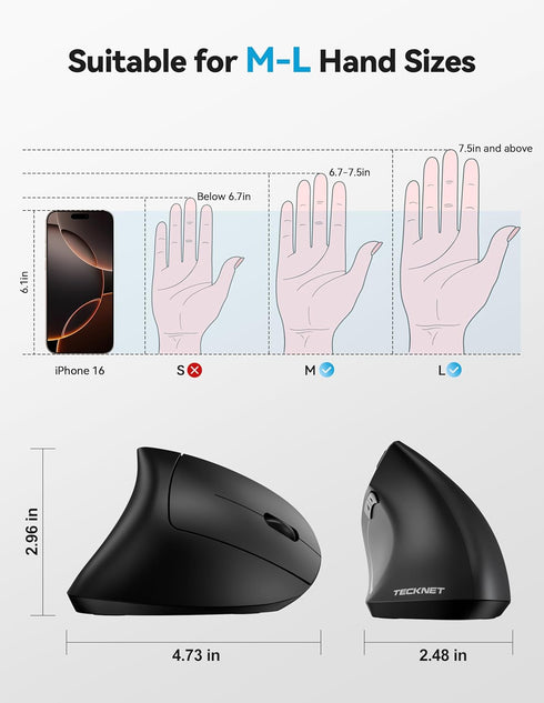 TECKNET 4800 6 Ergonomic Mouse Rechargeable Bluetooth - DPI Vertical Mice Adjustable Levels, Wireless Optical Carpal