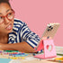 Crpich Acrylic Cell Phone Stand, Portable Pink Phone Holder for Desk, Compatible with iPhone 15 14 13 12 Pro Max