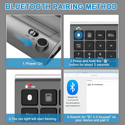 Bluetooth Number Pad Wireless & Wired 10 Key USB Keypad, Rechargeable Numpad for Laptops, Desktop, Computers