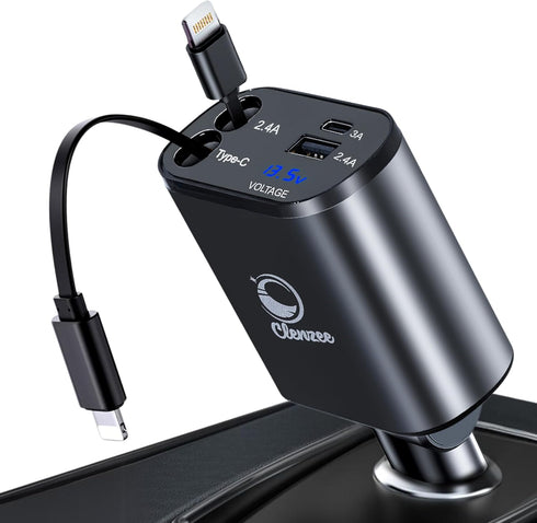 4 in 1 Fast Car Charger - 66W with 2 Retractable Lightning Cords, USB-A & USB-C Ports for iPhone 15/14/13/12, Galaxy,