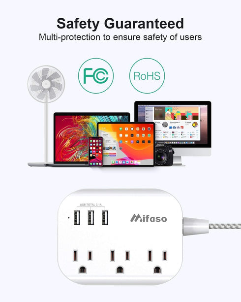 Mifaso USB Power Strip, Flat Plug Extension Cord with 3 Outlets, 3 USB Ports, 5ft Braided Power Cord