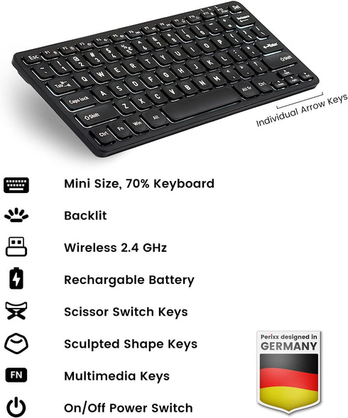 Perixx PERIBOARD-732B Wireless Mini Keyboard - Backlit, X Type Scissor Keys, US English, Black