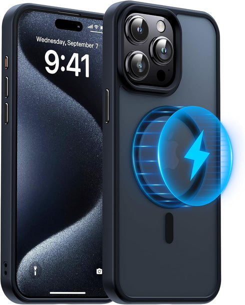 Meifigno Magic Mag Series iPhone 15 Pro Case, Black, Military Grade Protection, MagSafe Compatible, Translucent Matte