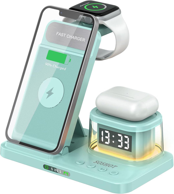 5 in 1 Foldable Wireless Fast Charger with Night Light Transparent Clock for Apple Devices, iPhone 15/14/13/12/11 Pro