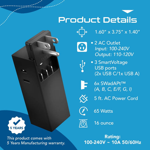 Ceptics 65W World Travel Adapter, 3 USB Ports PD 3.0 Charger for Laptops, Cellphones in Europe, Asia, Africa, America