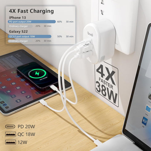 Budi 38W 3-Port USB Wall Charger, Multifunctional Built-in 3 Fit Cable USB Cable Fast Charger with Type-C/Micro-USB Port for iPhone/Tablet/Samsung Galaxy/Pixel/Sony/LG(38W 3-Port)