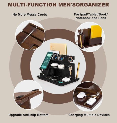 KOCWELL Wood Phone Docking Station, Gifts for Men, Nightstand Organizer Wood for Phone Tablet Earphones Watch Wallet
