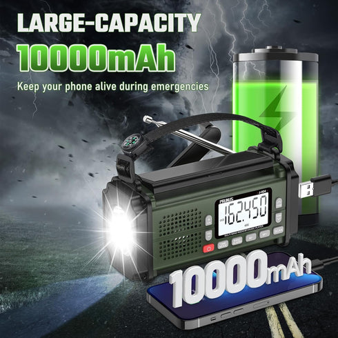 PRUNUS 924 10000mAh Hand Crank Radio, NOAA Weather Radio, USB Charging, Torch & Reading Light, Camping