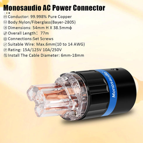 Monosaudio HiFi Power Plug, Pure Copper 15A/125V IEC C13/C15 Connector for DIY Audiophile Power Cord