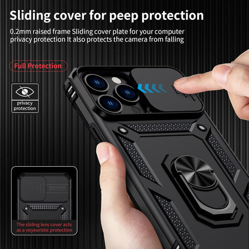 iPhone 13 Pro Max Case with Slide Lens Cover, HD Screen Protector, Military Grade Drop Protection, Black Kickstand