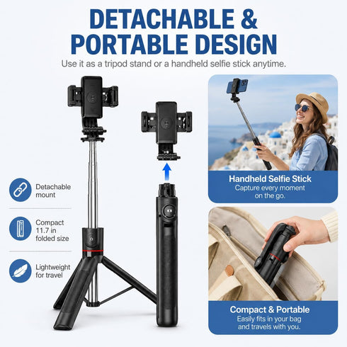 JIUHCORY 67" Detachable Phone Tripod Selfie Stick, Extendable Portable Cell Phone Stable Camera Easy Selfie Tripod