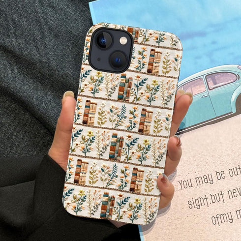 Generic 14,Anti-Scratch Compatible with iPhone Glossy Case Cover,Embroidery Book Flowers Bookshelf