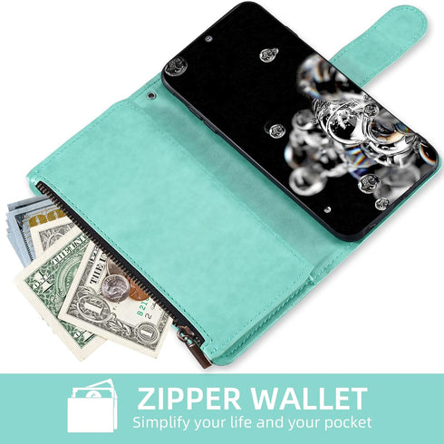 Asuwish Wallet Case for Samsung Galaxy S20 Ultra 5G with Tempered Glass Protector, Flip Card Holder, Green.
