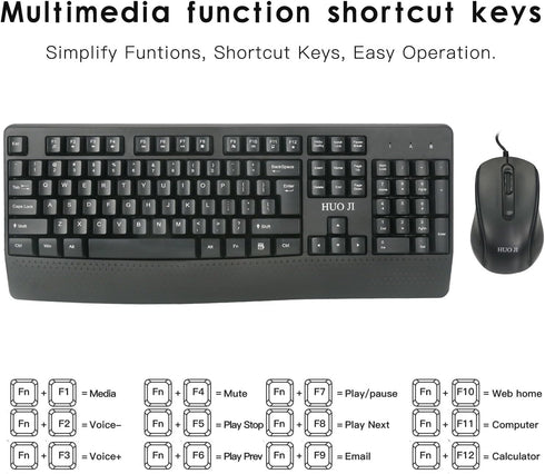 Wired Keyboard and Mouse Combo, 104 Keys Full-Size Ergonomic Computer Keyboard with Palm Rest, USB Plug-and-Play, Black