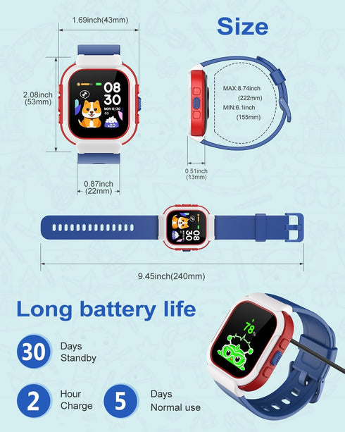 Smart Watch for Kids Girls Boys, Fitness Tracker with Pedometer, Heart Rate Monitor, IP68 Waterproof, Blue