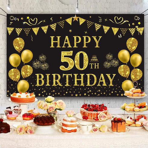 Trgowaul 50th Birthday Backdrop Gold and Black, 5.9 x 3.6 Ft Happy Birthday Party Decorations Banner for Photography