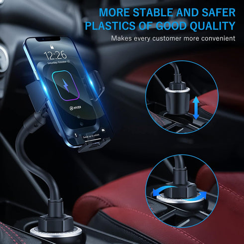 Wireless Car Charger Cup Holder Phone Mount, Qi 15W Fast Charging, Automatic Infrared Smart Sensor Clamping