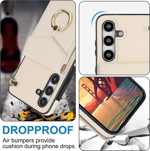 Asuwish Wallet Case for Samsung Galaxy S24 5G - Off White, Leather, RFID Blocking, with Tempered Glass & Card Holder.