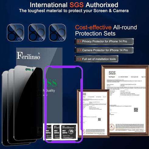 Ferilinso 3 Pack Privacy Screen Protector for iPhone 14 Pro - 9H Tempered Glass, Anti-Spy, Case Friendly, Lens
