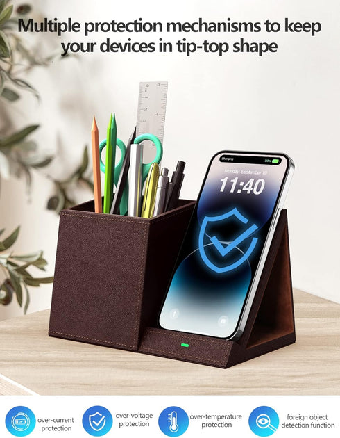 2-in-1 Pen Holder with Wireless Charger, Compatible with iPhone 16/15/14/13/12/11/8 Series, Phone Stand for Desk