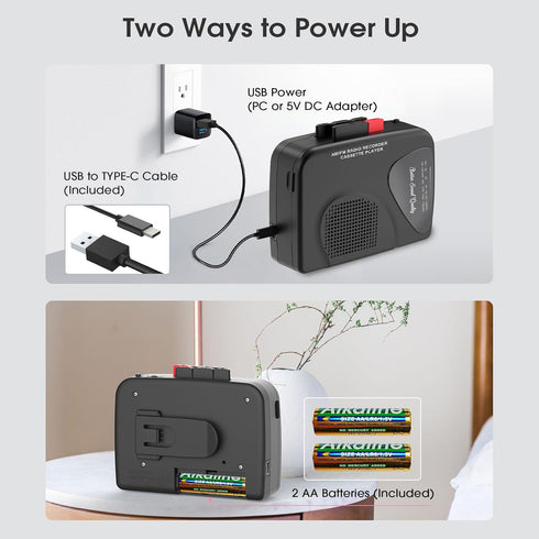 Walkman Cassette Players AM/FM Radio, Portable Tape Player with Built-in Speakers, Manual Record, 2AA Battery or DC 5V