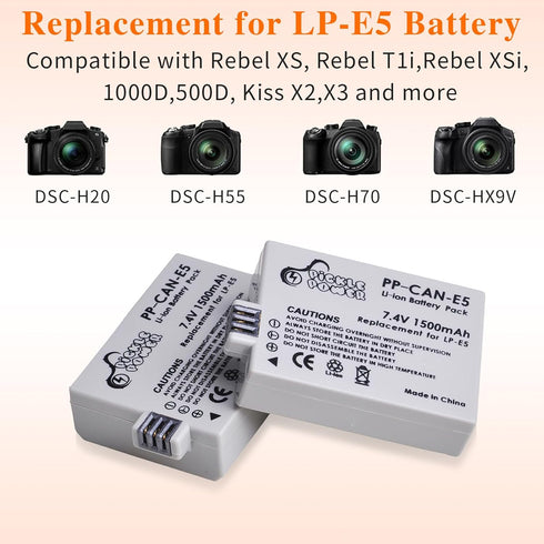 LP-E5 LPE5 LP E5 Battery and Smart LED Display Dual Channel Charger Compatible with Canon EOS Rebel XSi, Rebel T1i, Rebel XS, 1000D, 500D, 450D, Kiss X3, Kiss X2, Kiss F