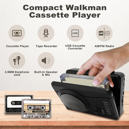 Cassette Cassette MP3 Portable Player & Recorder, Tape to Digital Converter, AM/FM Radio Station, Reverse Recording