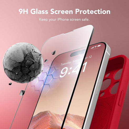 iPhone 15 Pro Max Case, Deep Red Silicone, MagSafe Compatible, Shockproof, Full Camera Protection, Includes 2 Screen