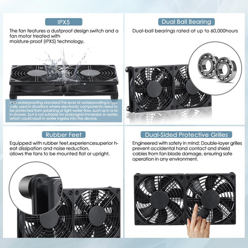 xiaoqijia 120mm 10-Speed IPX5 5V 12V Dual Adjustable Cooling Case Fan for Receiver DVR Xbox TV Box Router USB/DC Power