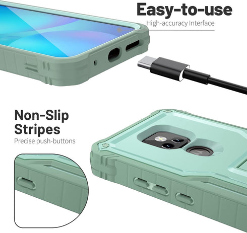 ExoGuard Rubber Shockproof Full-Body Case for Moto G Play 2021, Built-in Screen Protector and Kickstand, Green